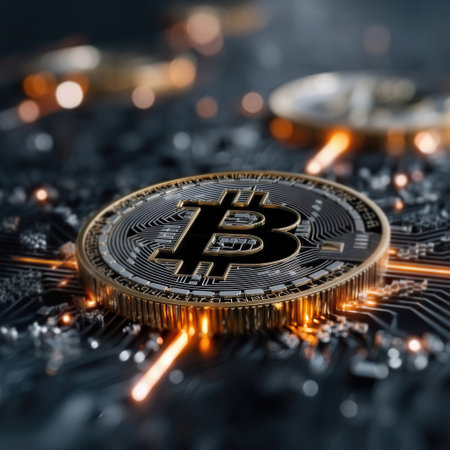 Glowing golden bitcoin coin icon against a dark, textured digital background filled with intricate circuitry and warm lightsの素材