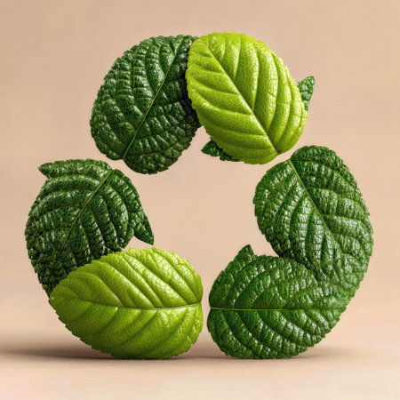 Minimalist design of green recycling icon created with leaves arranged in a circular patternの素材