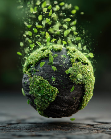 Glowing earth icon emerging from textured surface with vibrant green leaves and sparkling particles in a serene natural settingの素材