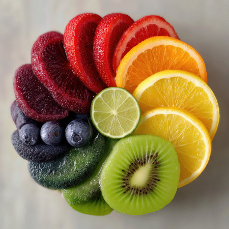 Colorful arrangement of fresh fruit showcasing vibrant slices on a clean flat surface in soft natural lightの素材