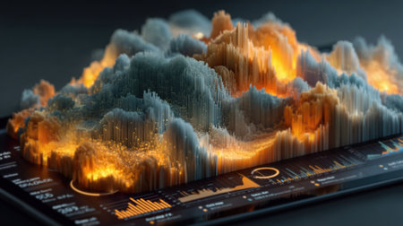 Glowing cloud with embedded graphs illustrating data trends in a futuristic digital landscapeの素材