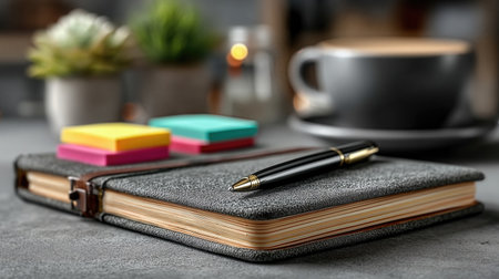 Clean desk setup featuring open notebook with pen, sticky notes, and coffee in a cozy workspaceの素材