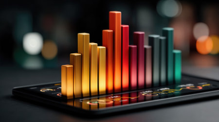 Vibrant glowing bar chart showcasing data analysis in a dynamic and colorful design set in a modern digital environmentの素材