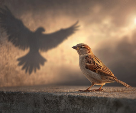 Sparrow perched on sleek concrete ledge with dramatic shadow cast behind during golden hourの素材