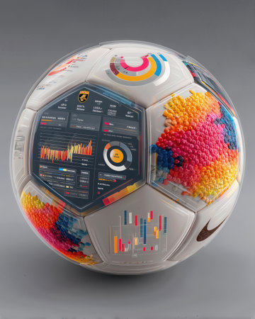 Transparent soccer ball displaying dynamic data graphics captures the essence of modern sports technology and innovationの素材