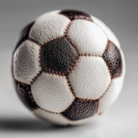Classic black and white soccer ball resting on a neutral background, capturing timeless sports photography aestheticsの素材