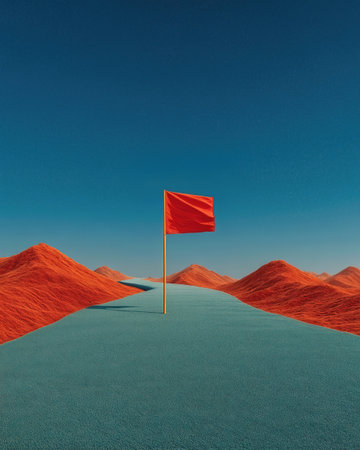 Bright red corner flag standing tall on a vibrant blue pathway surrounded by striking orange hills in clear skiesの素材