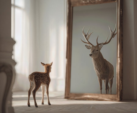 Scandinavian-style room featuring a baby deer curiously gazing at a mirror reflecting a majestic stagの素材