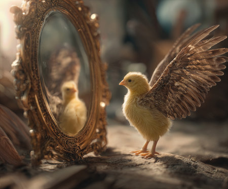 Tiny yellow chick confidently stands in front of ornate mirror reflecting its adorable featuresの素材