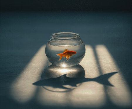 Tiny goldfish navigates its glass bowl as sunlight casts shadows in a calm indoor settingの素材