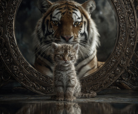 Small kitten gazes at large ornate mirror reflecting majestic tiger in luxurious settingの素材