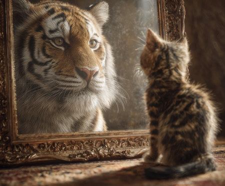 Small kitten admires majestic tiger reflection in ornate mirror during cozy indoor momentの素材