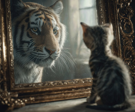Small kitten gazes in awe at reflection in ornate mirror displaying a tigerの素材