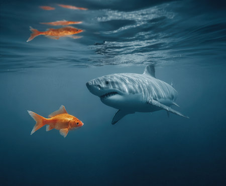 Goldfish swims near the surface while shark glides beneath in clear waterの素材