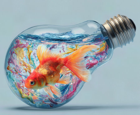 Goldfish swims inside a creatively designed light bulb filled with colorful waterの素材