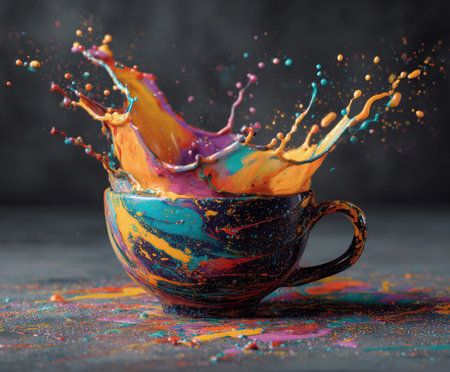 Creative splash of colorful paint from a coffee cup on a dark backgroundの素材