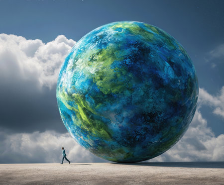 Person walks beside a large, colorful globe against a dramatic sky with clouds during daylightの素材
