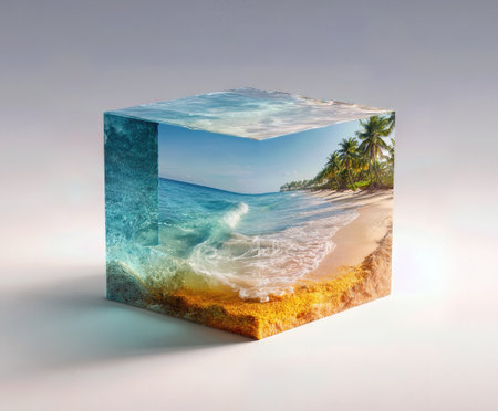 Realistic transparent cube featuring a serene beach landscape with palm trees, waves, and blue sky during daylightの素材