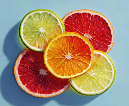 Sliced citrus fruits arranged beautifully on a light background showcasing vibrant colors and texturesの素材