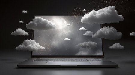 Realistic laptop displays floating cloud icon symbolizing digital connectivity in a modern workspace settingの素材