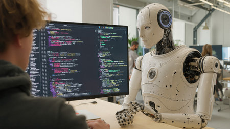 Realistic AI robot engaging with human programmer in modern office setting exploring technology interactionの素材