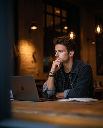 Young entrepreneur deep in thought while working on a laptop in a cozy urban cafe settingの素材