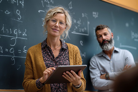 Teacher explains lesson on tablet while students listen in a classroom settingの素材