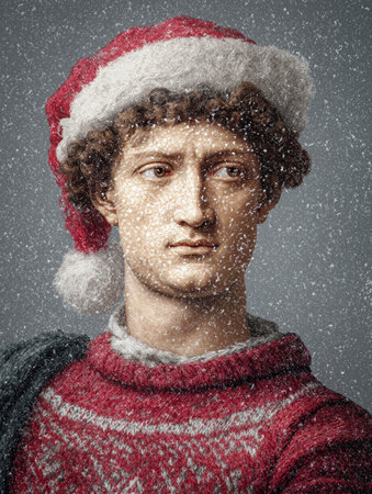 Michelangelos David dressed in a Santa hat for a festive winter celebrationの素材