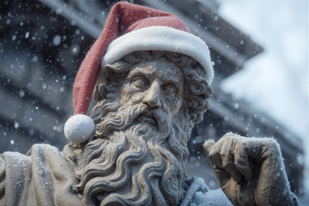 Michelangelos Moses statue adorned with a festive Santa hat during winter snowfallの素材