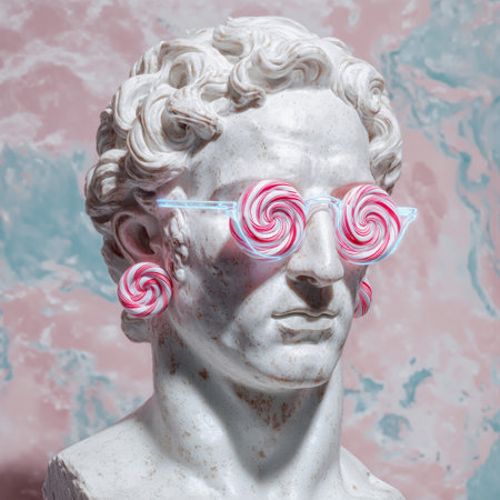 Marble bust showcases vibrant neon Christmas accessories in a playful and festive settingの素材