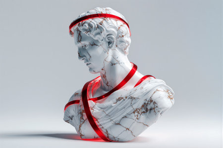Glowing red Christmas ribbon wraps around elegant marble bust in festive displayの素材