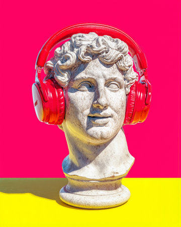 Marble bust wearing red headphones contrasts with vibrant background during festive seasonの素材