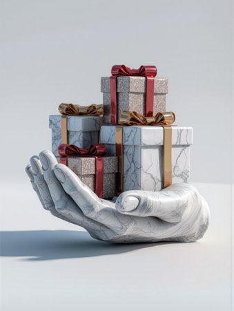 Elegant Christmas gifts balanced on a marble hand sculpture for festive decoration ideasの素材
