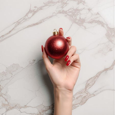Elegant marble background with a hand holding a shiny red ornament in a stylish displayの素材