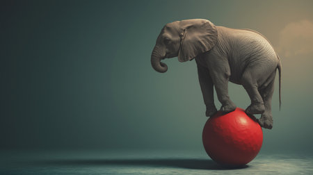 Elephant performs balancing act on red ball in a calm studio setting during an afternoon performanceの素材
