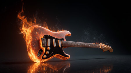 Flaming guitar bursts with energy and creativity against a dark background in an artistic display of musical passionの素材
