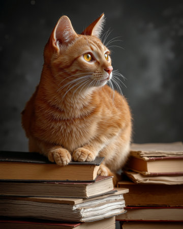 Orange cat perched on a stack of books while gazing thoughtfully into the distanceの素材