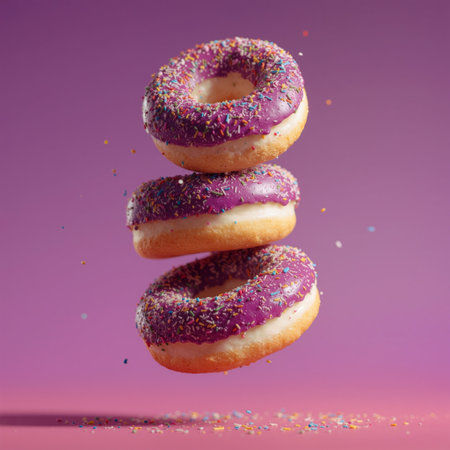 Stack of colorful donuts with one levitating above the others on a vibrant backgroundの素材