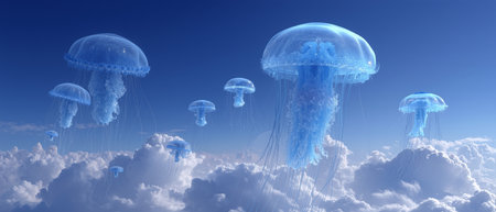 Jellyfish float gracefully among soft clouds in a surreal sky settingの素材