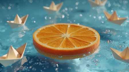 Floating orange slice in clear water with small paper boats creating a playful sceneの素材