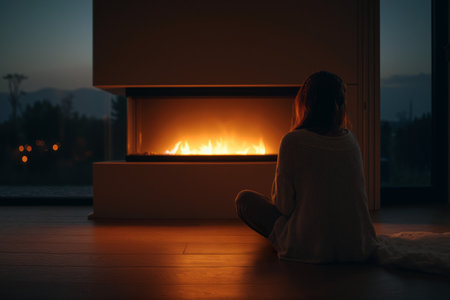 Woman relaxing by a modern fireplace in a cozy living space during evening hoursの素材