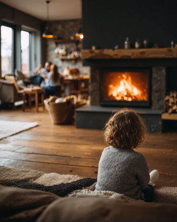 Child playing near a warm fireplace while family enjoys time together indoors on a cozy dayの素材