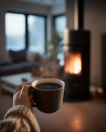 Hand holding a steaming cup of coffee in a cozy room with a warm fireplace in the backgroundの素材