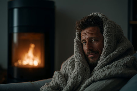 Man wrapped in a warm blanket enjoying a cozy moment by the fireplace in a relaxed settingの素材