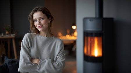 Smiling woman in cozy sweater stands content by a warm fireplace in a modern living space during the eveningの素材