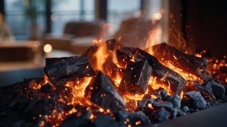 Firewood burning warmly in a modern fireplace during cozy indoor eveningの素材