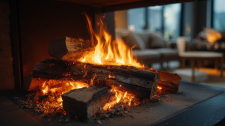 Cozy burning firewood in a modern fireplace creating warmth and ambiance in a contemporary living spaceの素材