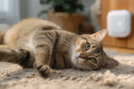 Cat stretches peacefully beside a digital thermos in a cozy home settingの素材