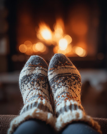 Cozy relaxation with warm wool socks beside a glowing fireplace during a chilly eveningの素材