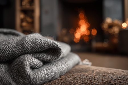 Warm wool blanket texture resting near a cozy fireplace in a softly lit room during a winter eveningの素材